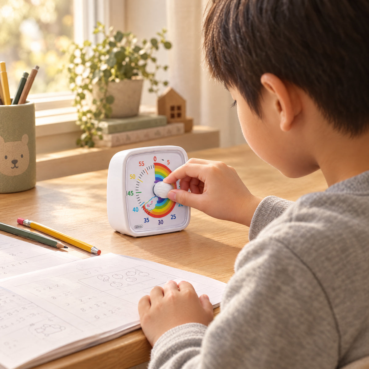 Child playing with the Momi Toys rainbow visual timer white rainbow lifestyle photo