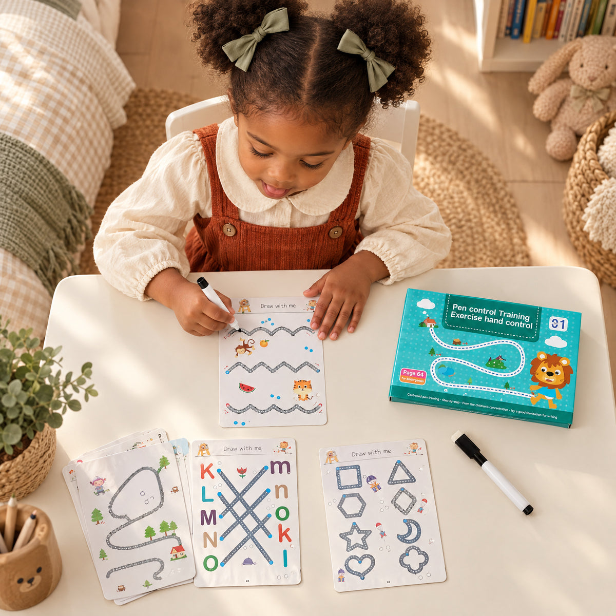 Child playing with the Momi Toys reusable writing practice workbook lifestyle photo