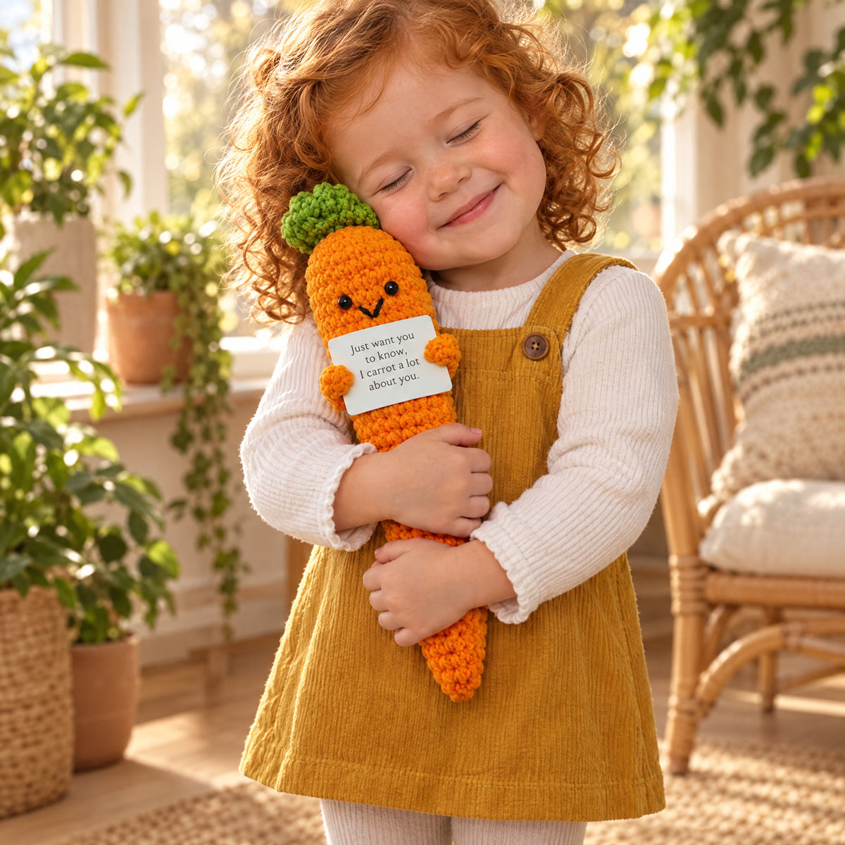 Child playing with the Momi Toys snuggly pals carrot lifestyle photo