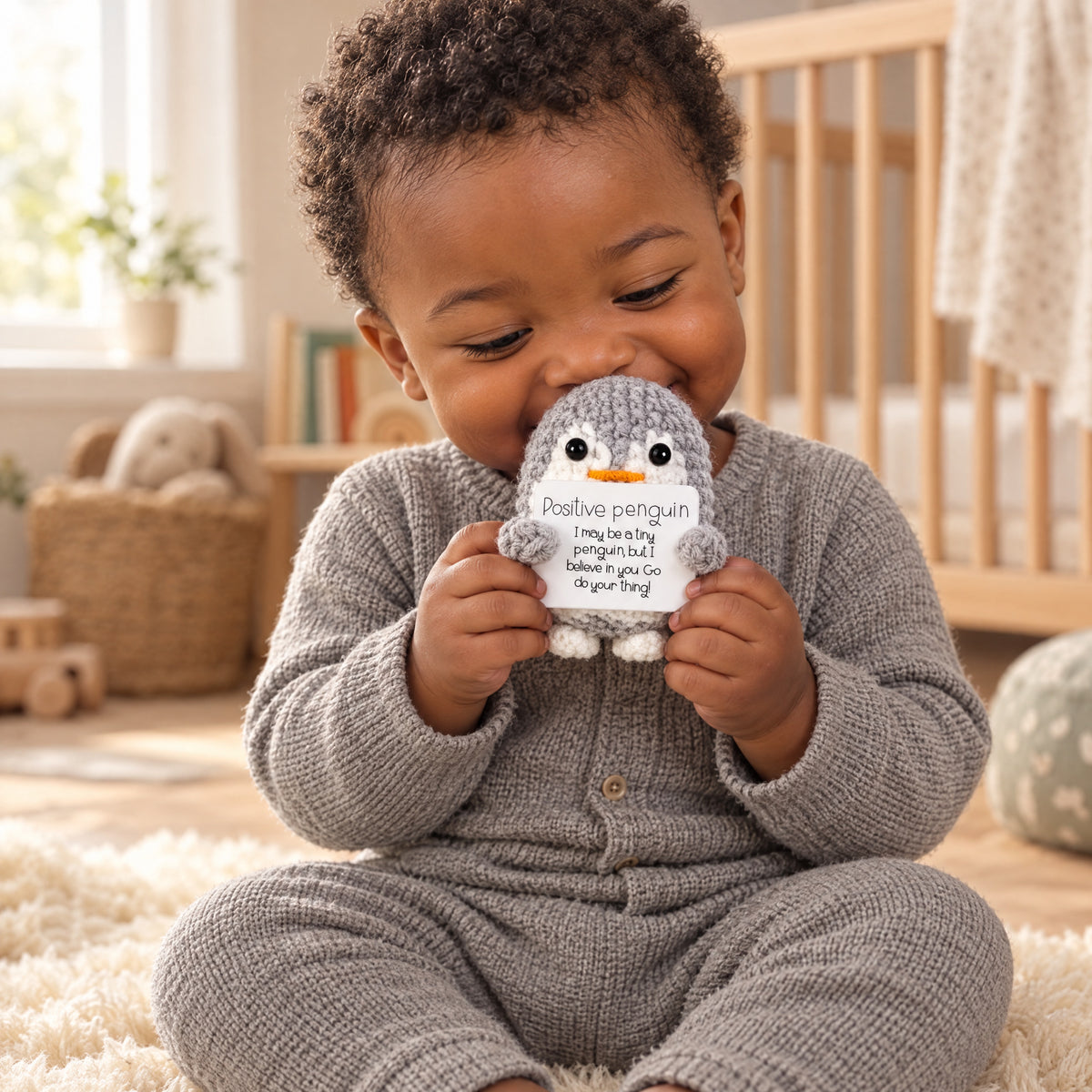 Child playing with the Momi Toys snuggly pals penguin lifestyle photo