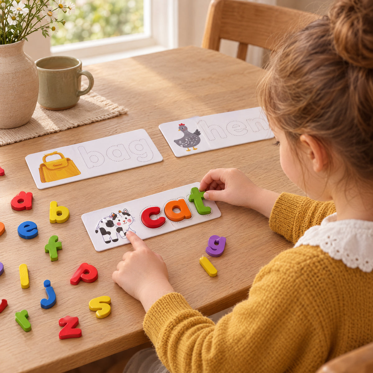 Child playing with the Momi Toys wooden alphabet spelling puzzle lifestyle photo