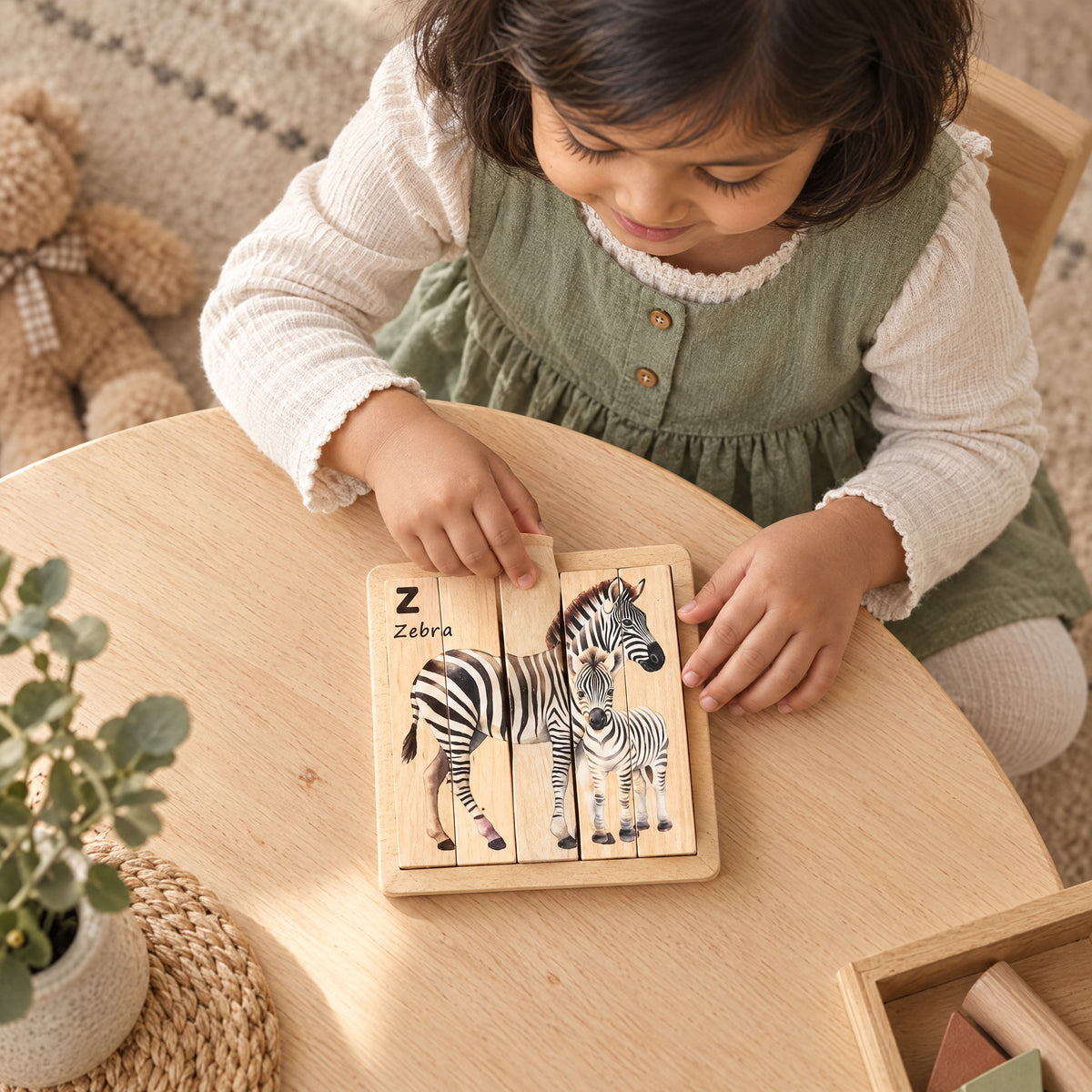 Child playing with the Momi Toys wooden animal chunky puzzle lifestyle photo