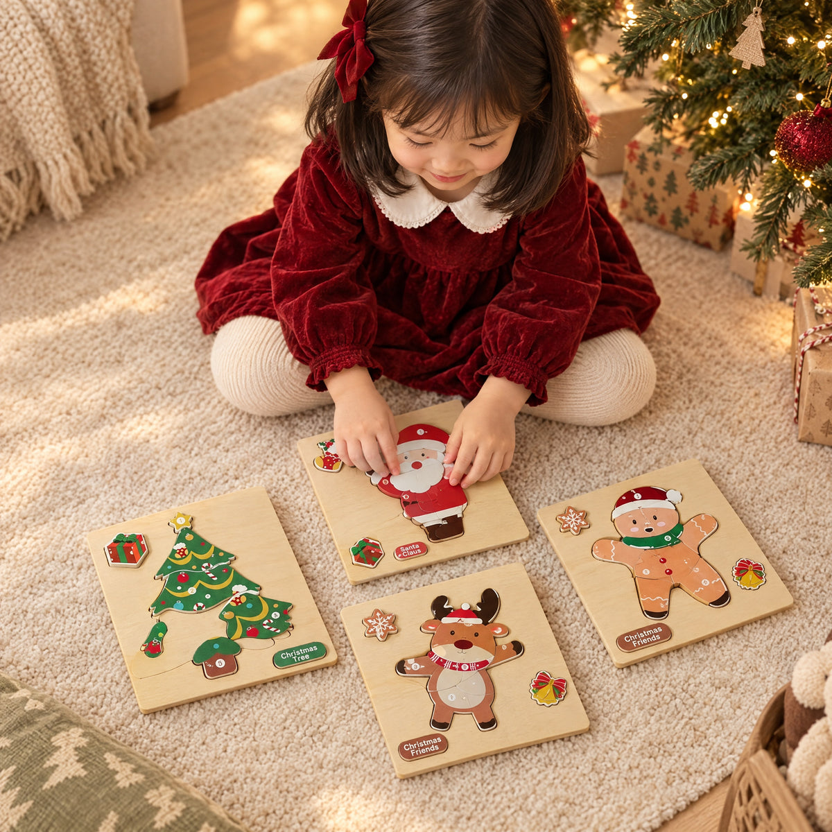 Child playing with the Momi Toys wooden christmas puzzle set lifestyle photo