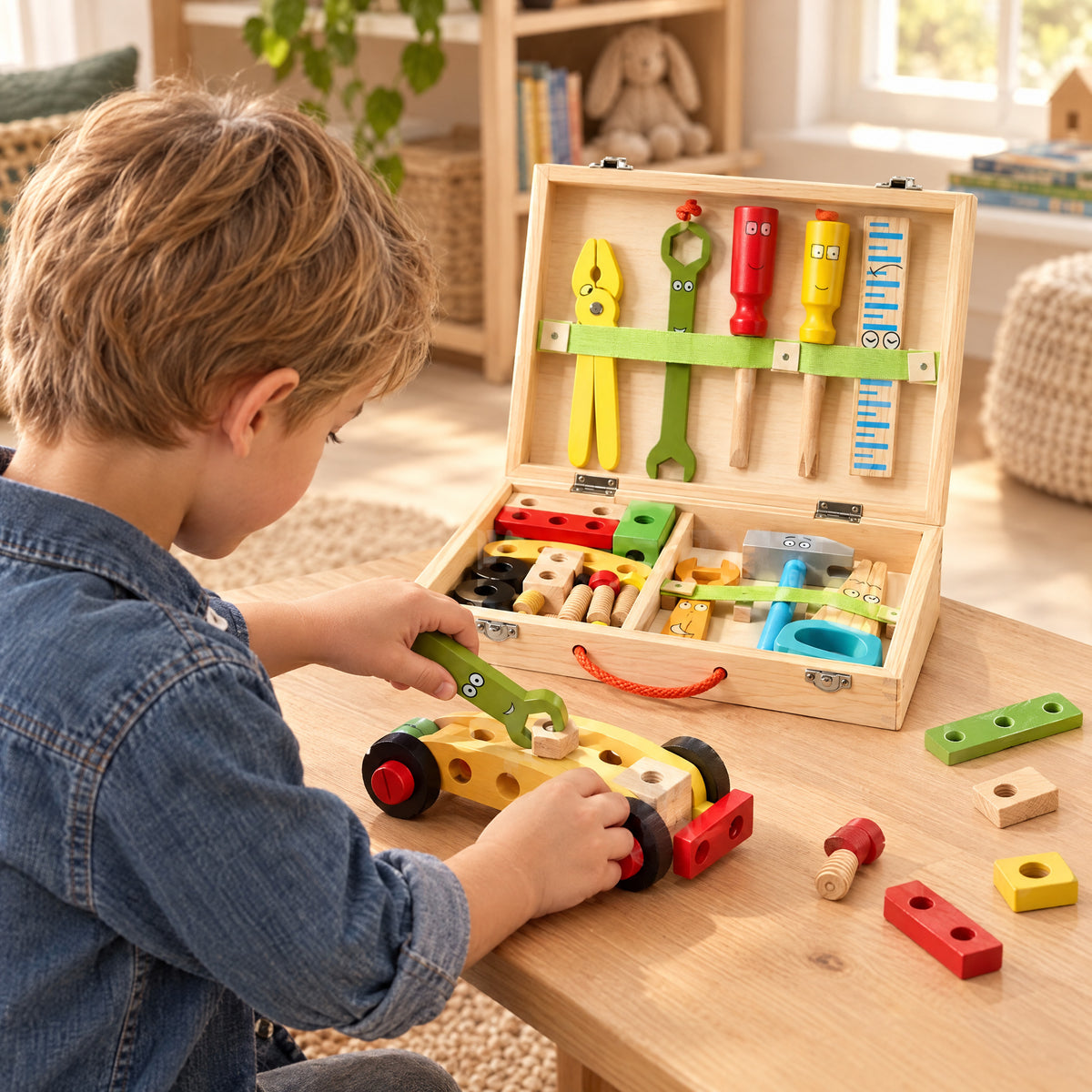 Child playing with the Momi Toys wooden craft building kit lifestyle photo
