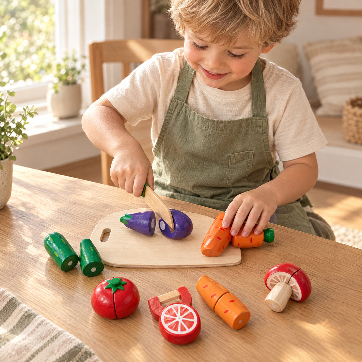 Child playing with the Momi Toys wooden cutting vegetables set lifestyle photo
