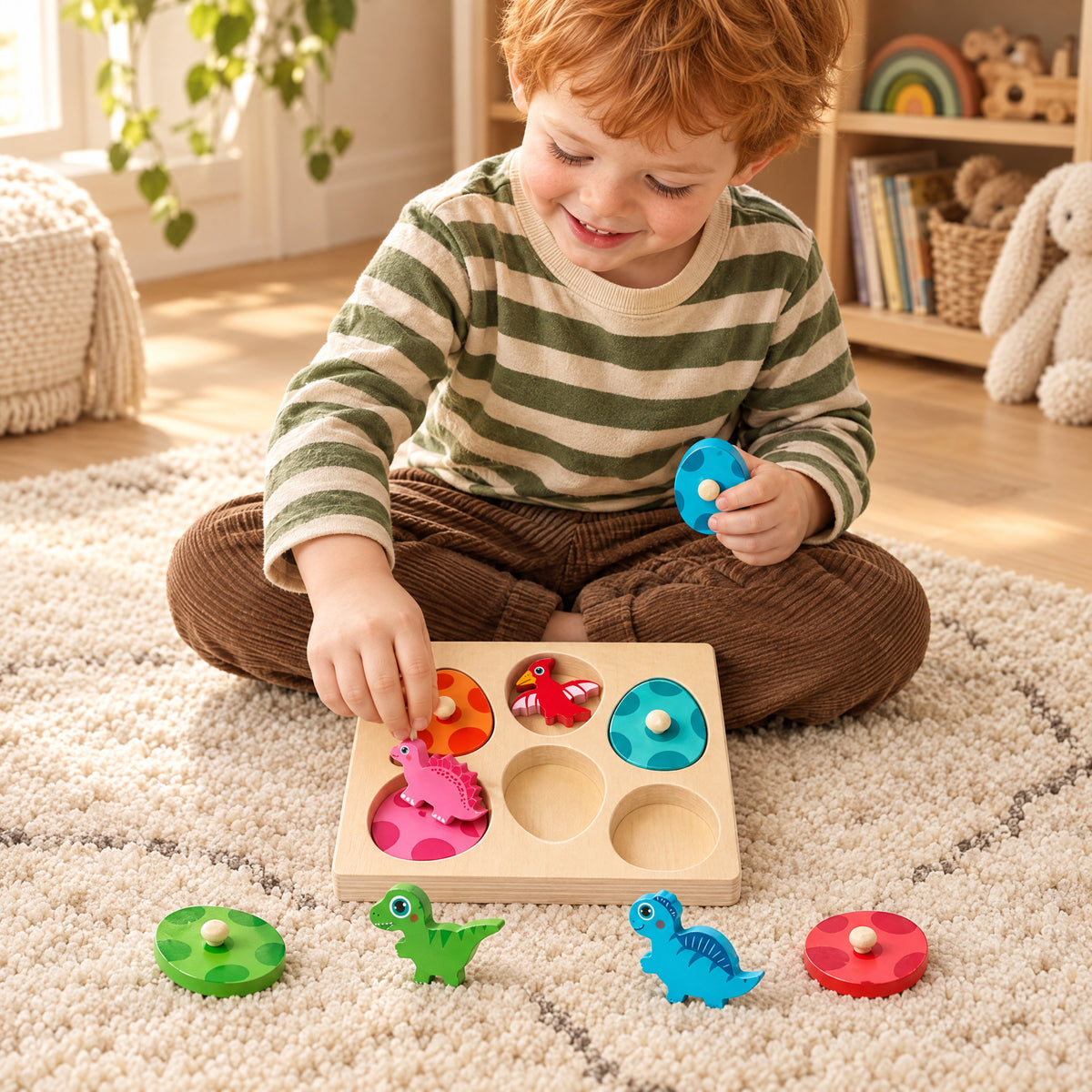 Child playing with the Momi Toys wooden dinosaur egg matching puzzle lifestyle photo
