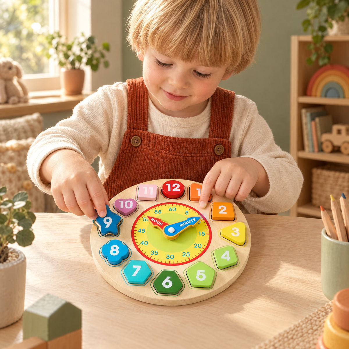 Child playing with the Momi Toys wooden learning clock lifestyle photo