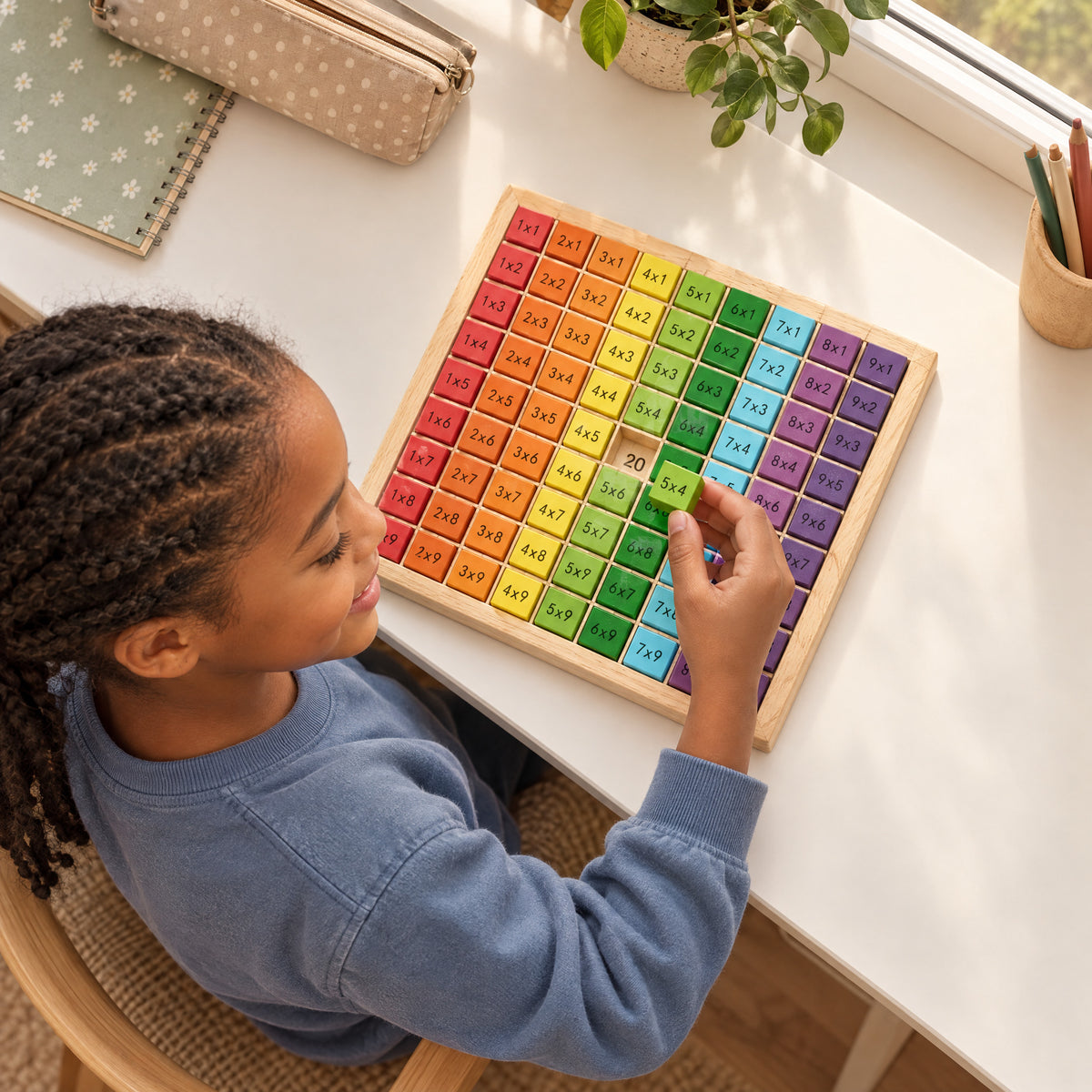Child playing with the Momi Toys wooden multiplication table board lifestyle photo