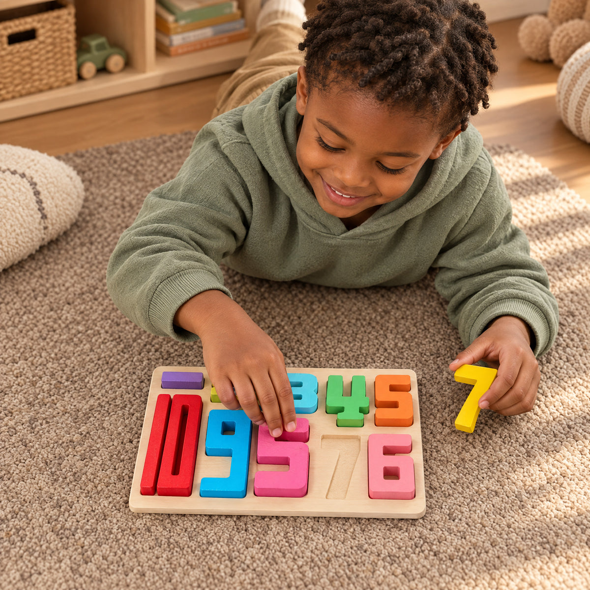 Child playing with the Momi Toys wooden number balance puzzle lifestyle photo