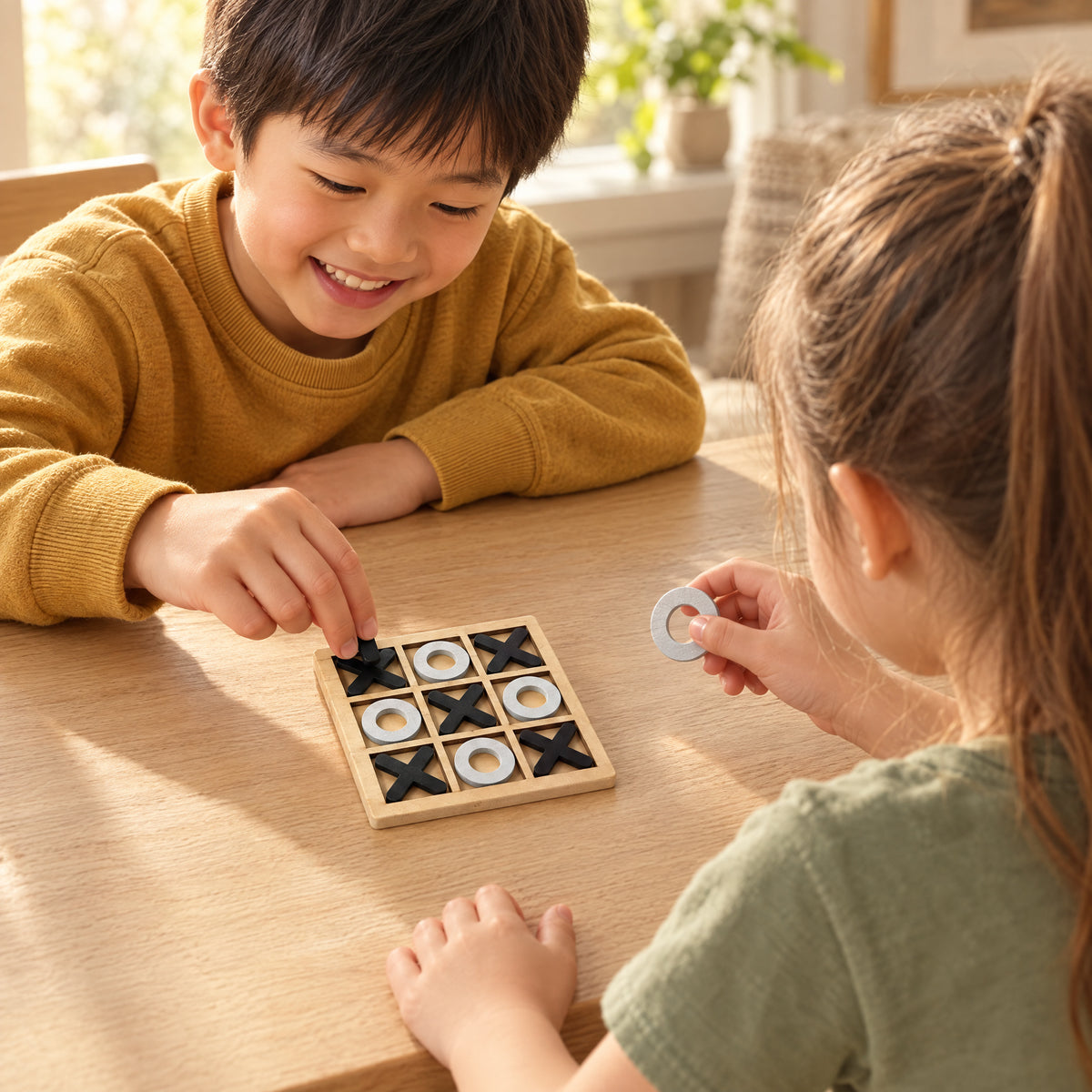 Child playing with the Momi Toys wooden tic tac toe game lifestyle photo