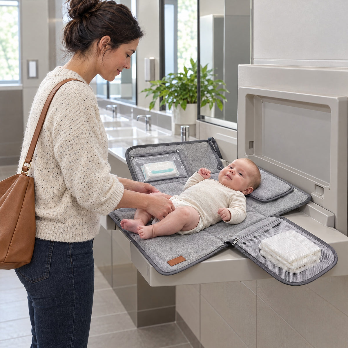 Mom changing her baby on the Momi Toys grey portable changing pad at a public changing station