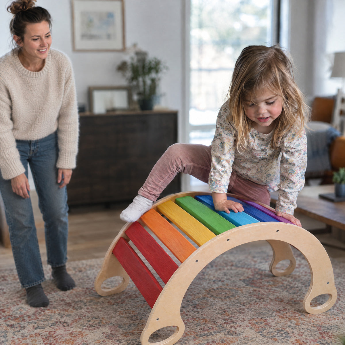 Wooden Climbing Arch & Rainbow Rocker, after: With Momi Toys climbing arch