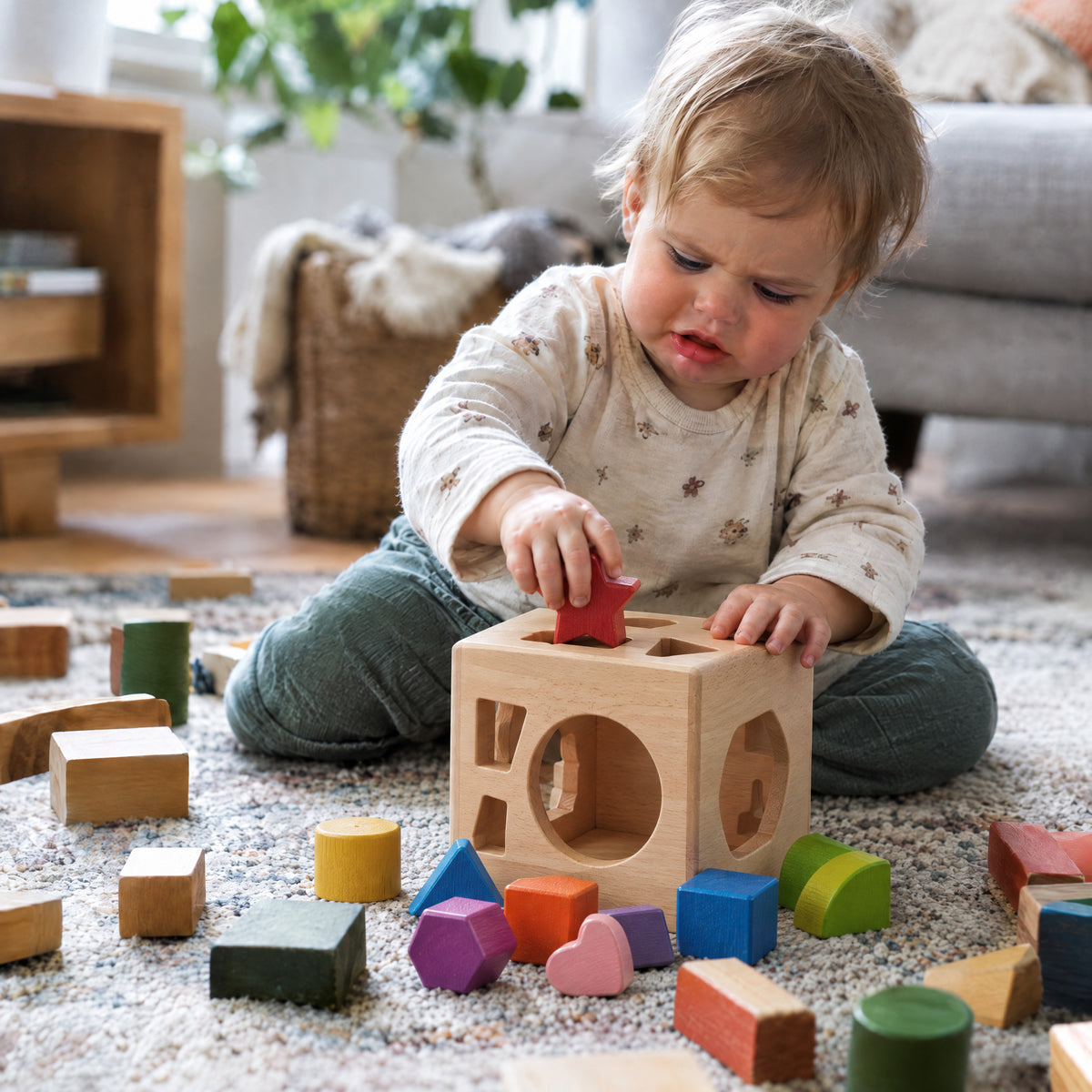 Wooden Shape Sorter Cube, after: With Momi Toys shape sorter