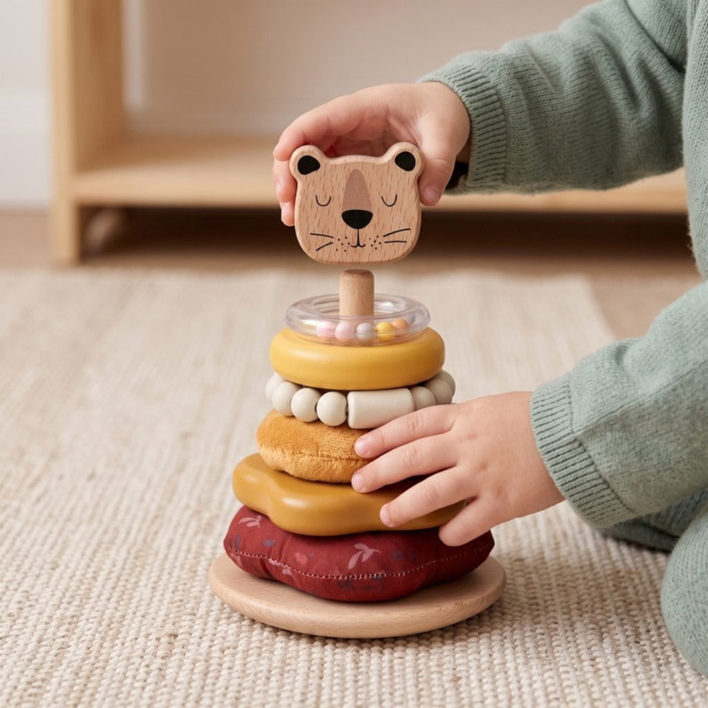 Momi Toys Wooden Stacking Rings, Lion Montessori Stacker