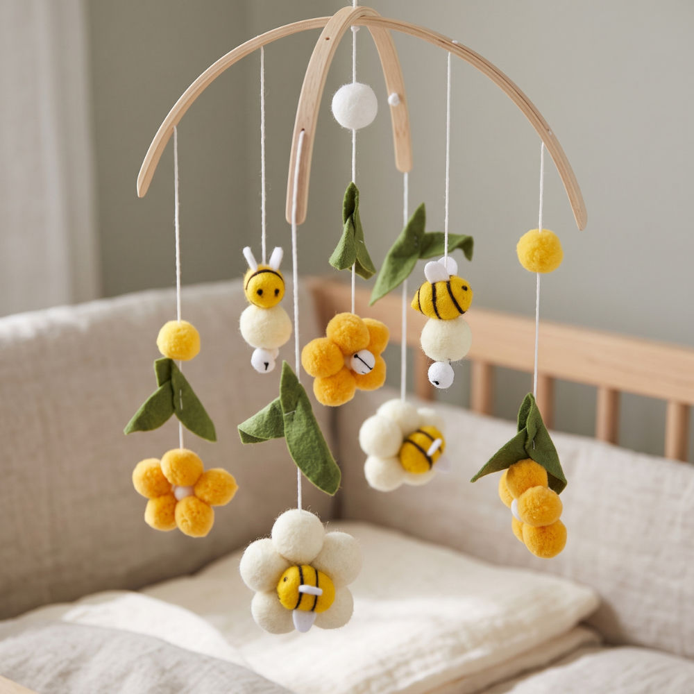 Momi Toys Wooden Crib Mobile, Felt Animal Baby Nursery Mobile