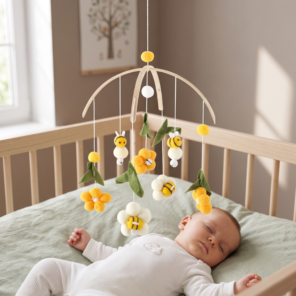 Momi Toys Wooden Crib Mobile, Felt Animal Baby Nursery Mobile