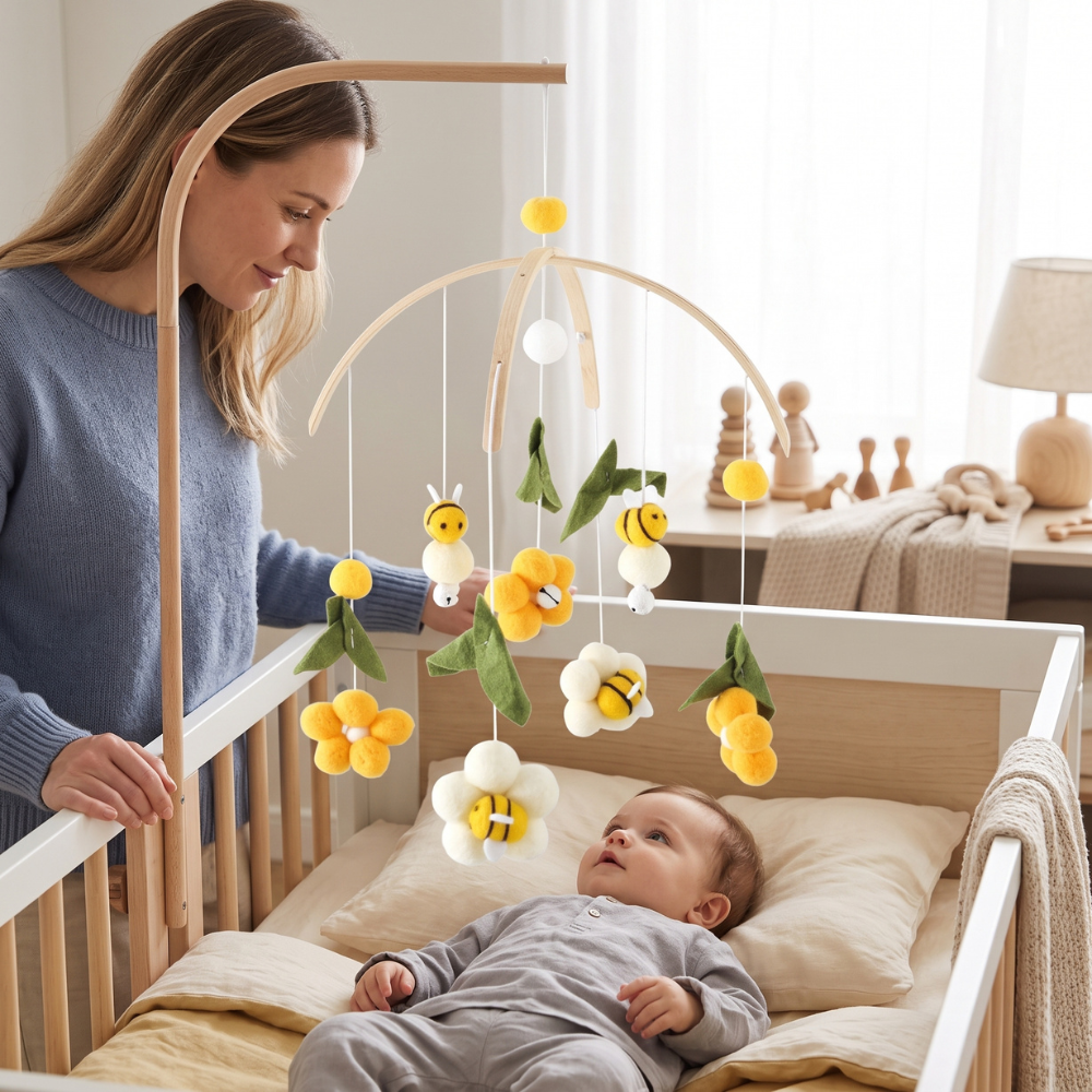 Momi Toys Wooden Crib Mobile, Felt Animal Baby Nursery Mobile