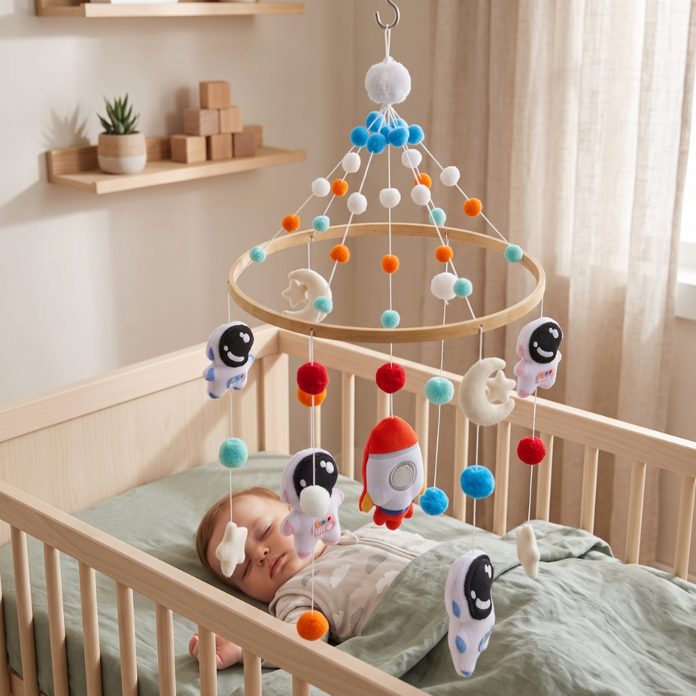 Momi Toys Wooden Crib Mobile, Felt Animal Baby Nursery Mobile