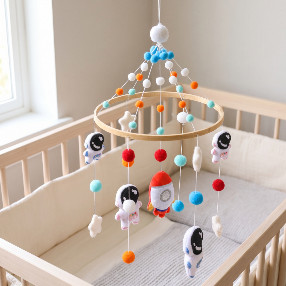 Momi Toys Wooden Crib Mobile, Felt Animal Baby Nursery Mobile