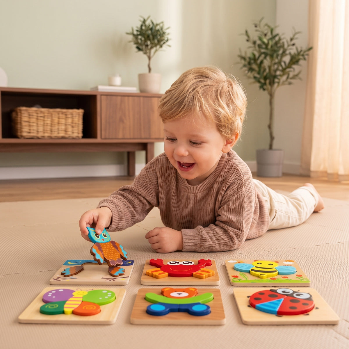 Toddler lifting an owl piece from Momi Toys wooden animal puzzles 6-pack on a play mat