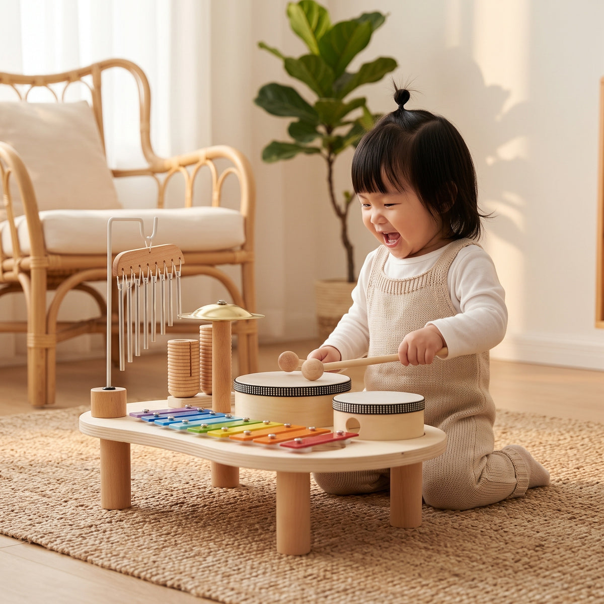 Toddler playing the drum on the Momi Toys Wooden Music Set