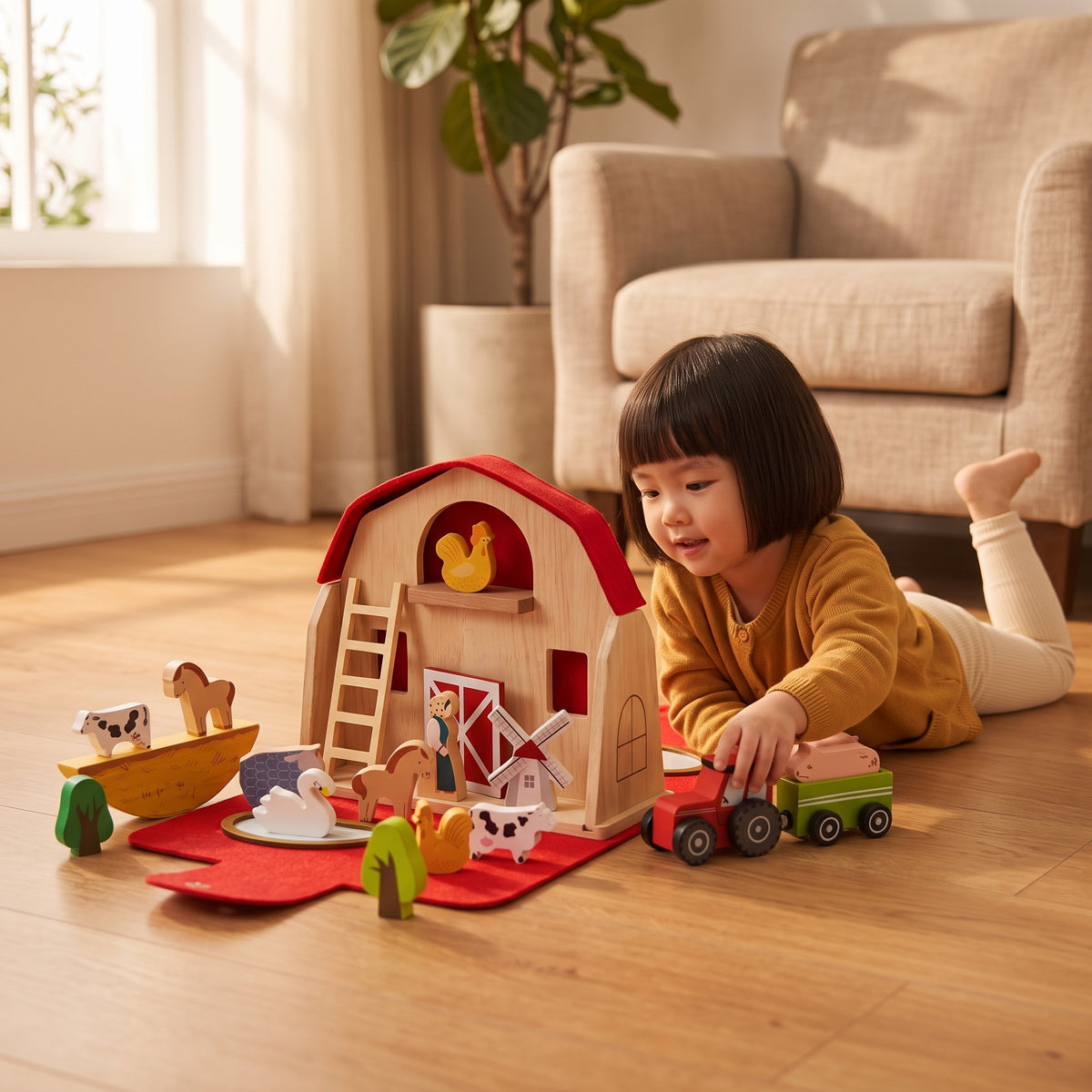 Girl playing with the Momi Toys Wooden Travel Farm