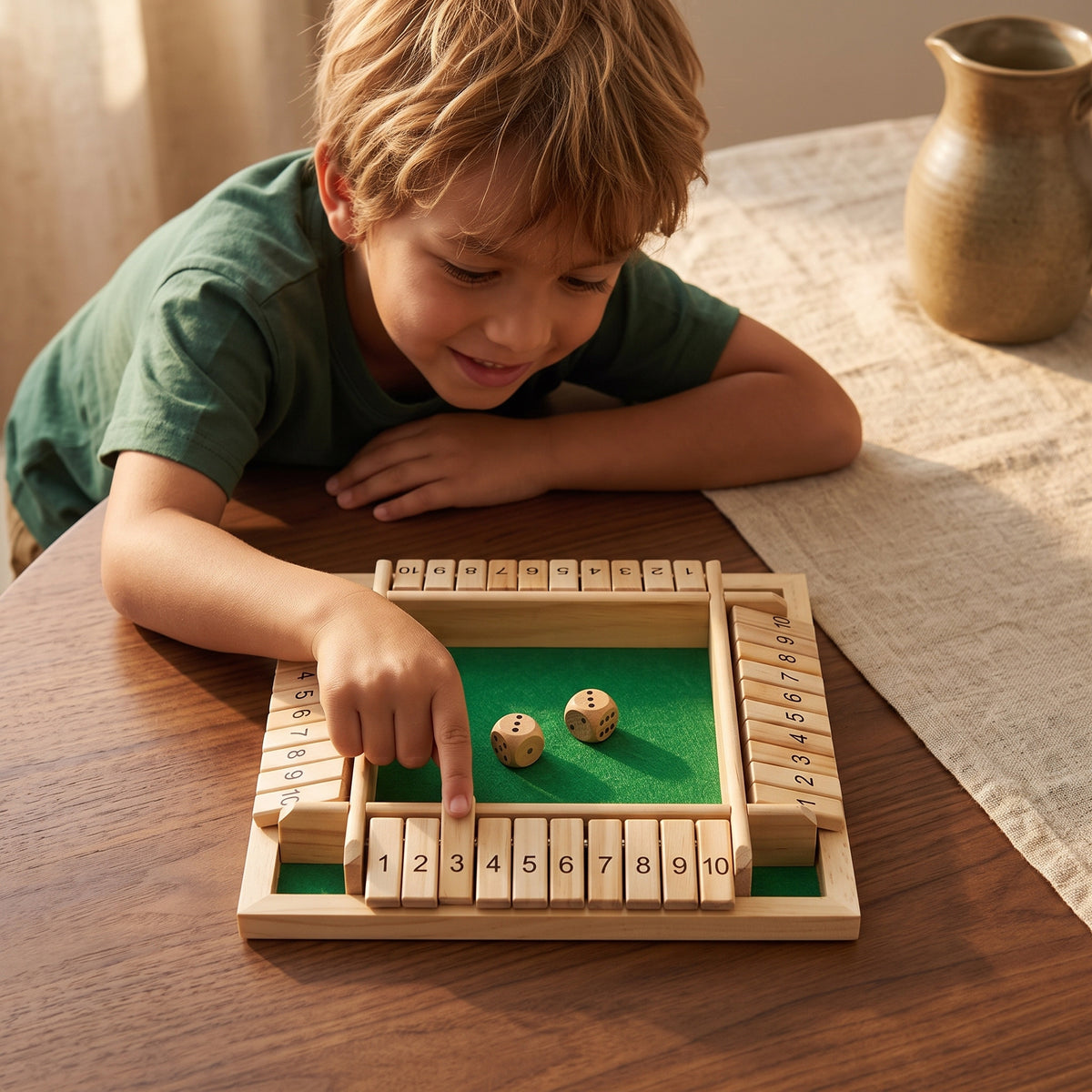 Boy flipping a tile on the Momi Toys Shut the Box Dice Game
