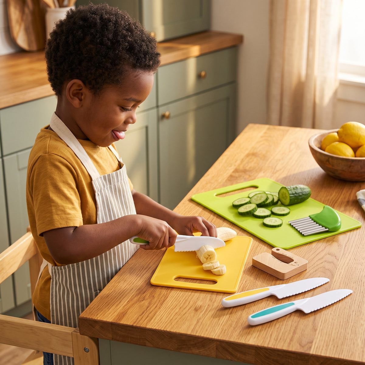 Boy slicing a banana with the Momi Toys Kids Chef Set