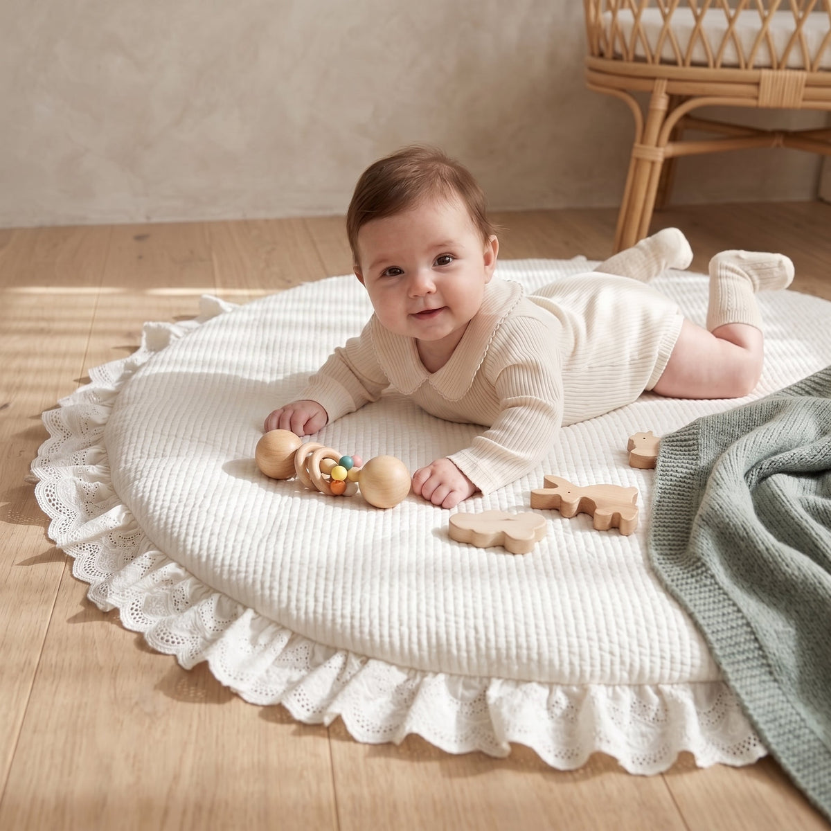 Momi Toys Round Baby Play Mat, Quilted Cotton Tummy Time Mat