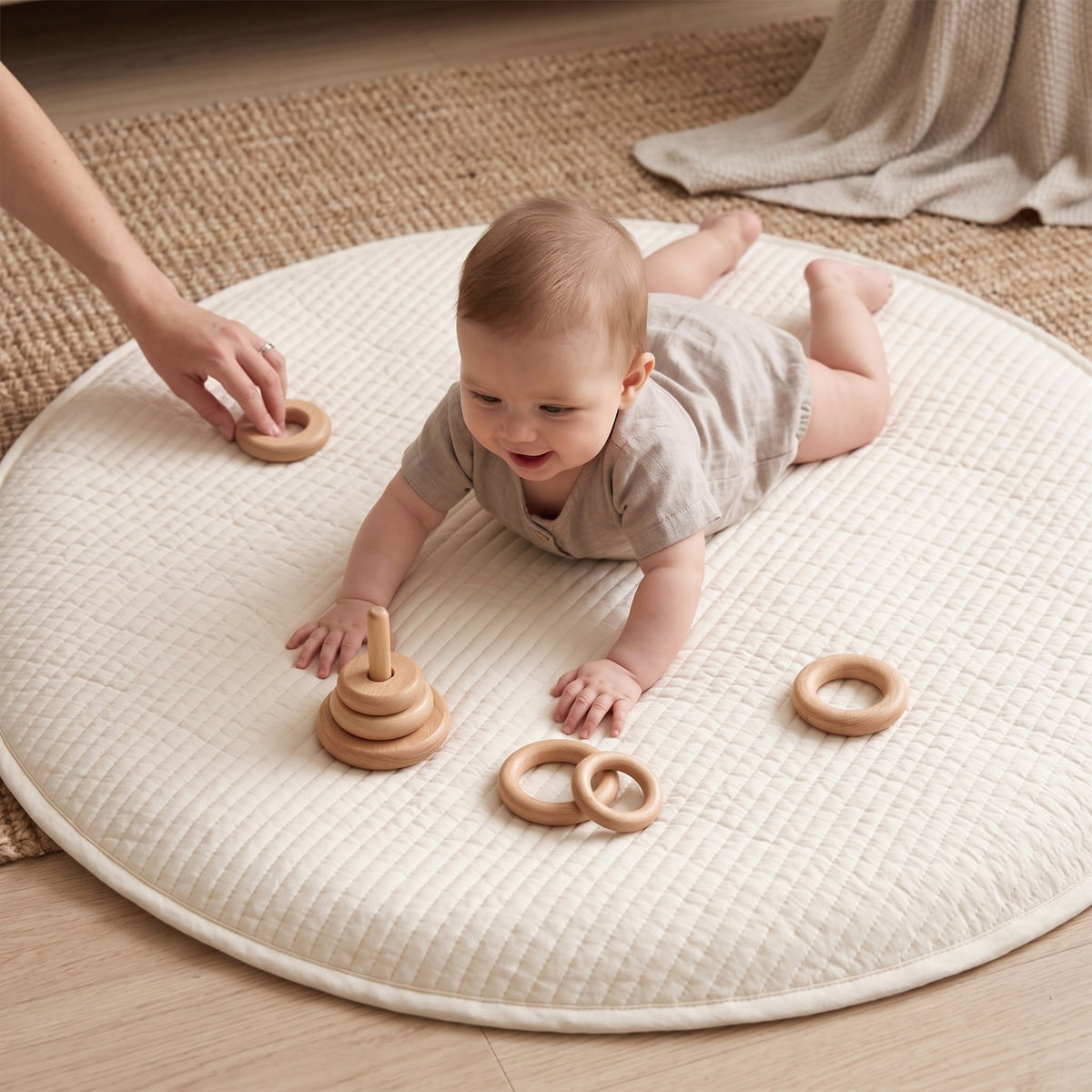 Momi Toys Round Baby Play Mat, Quilted Cotton Tummy Time Mat