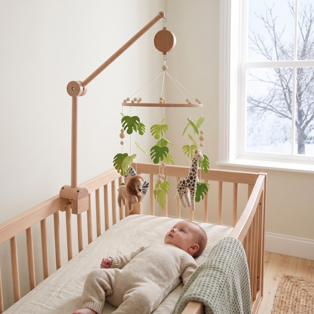 Momi Toys Wooden Crib Mobile, Felt Animal Baby Nursery Mobile