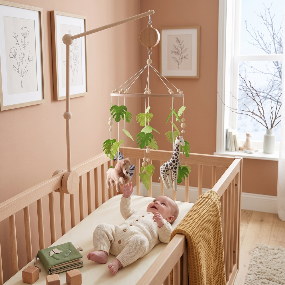 Momi Toys Wooden Crib Mobile, Felt Animal Baby Nursery Mobile
