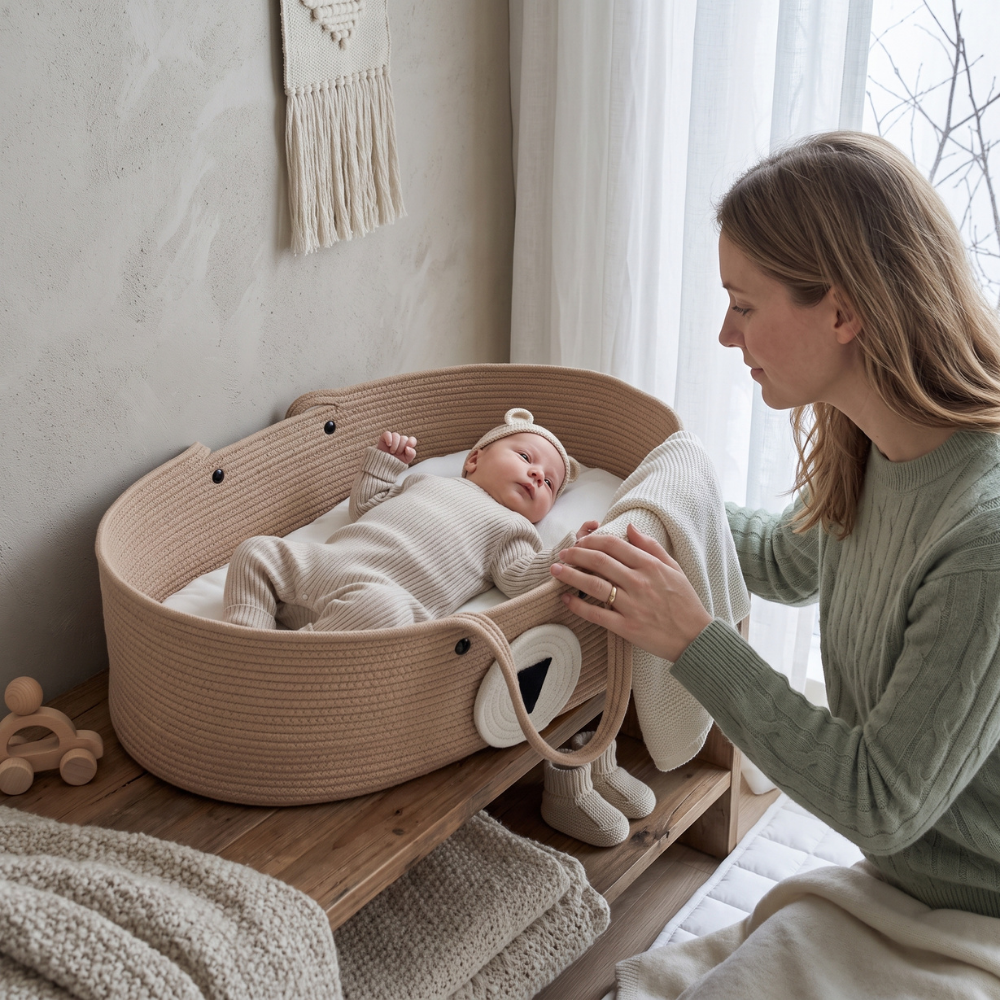Momi Toys Woven Moses Basket, Cotton Rope Baby Basket