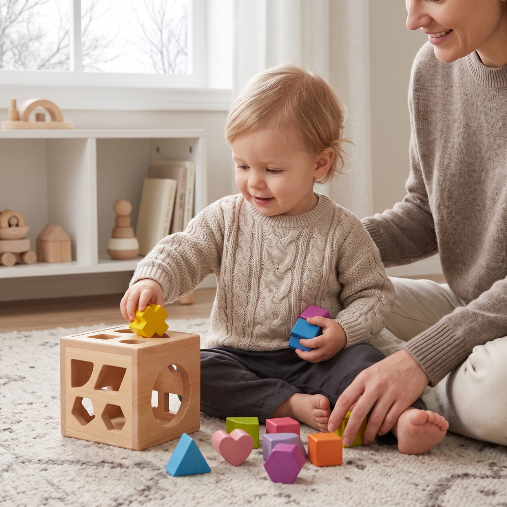 Momi Toys Wooden Shape Sorter Cube, Montessori Toy for 1 Year Olds