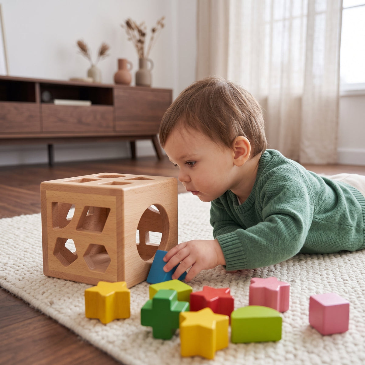 Momi Toys Wooden Shape Sorter Cube, Montessori Toy for 1 Year Olds