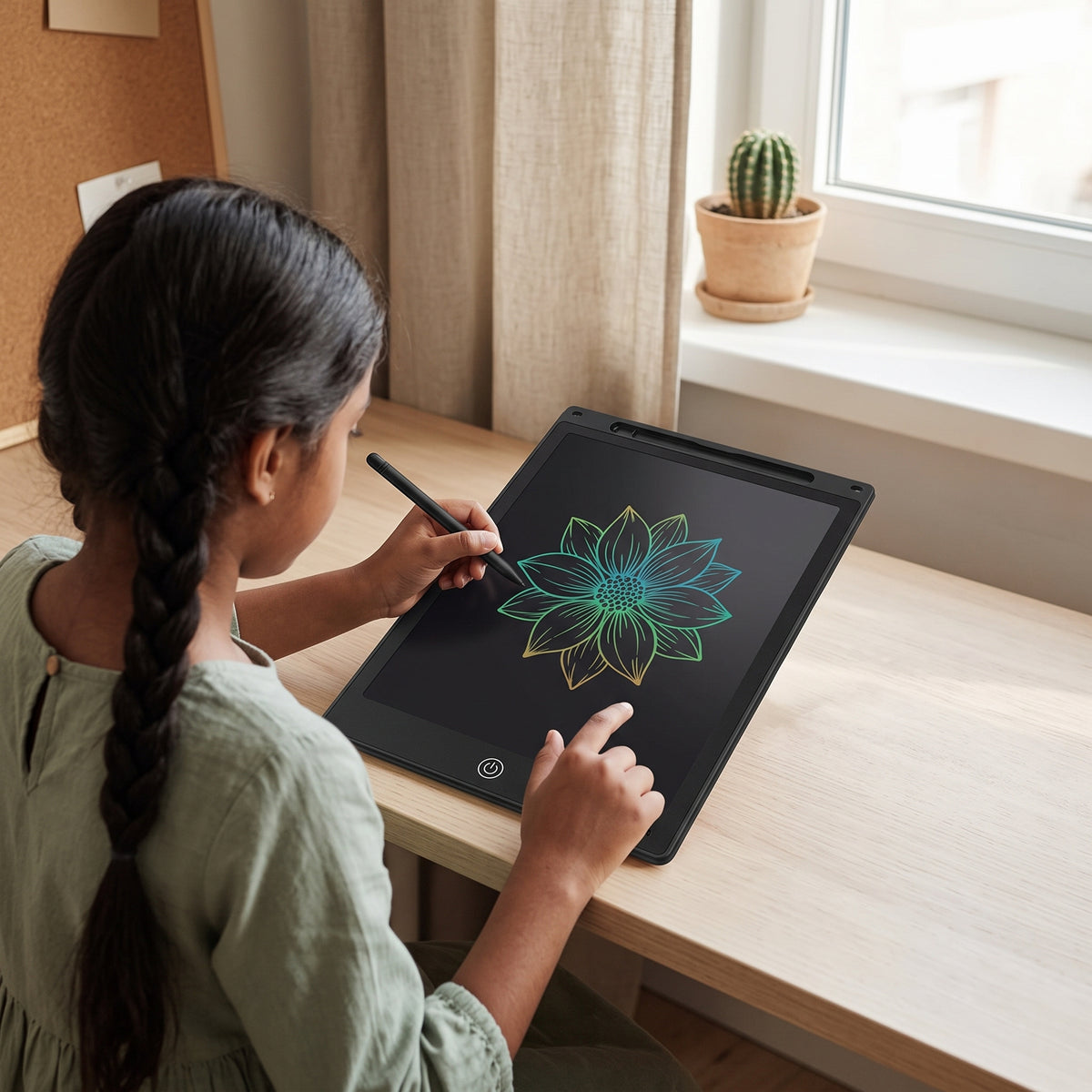 Girl drawing on the black Momi Toys LCD Drawing Tablet