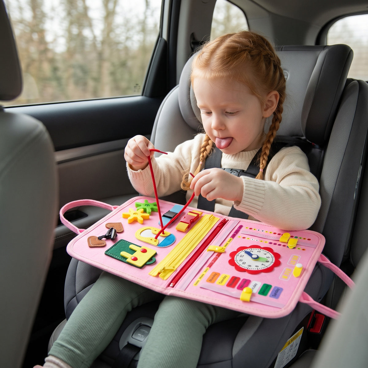 Girl playing with the pink Momi Toys Busy Travel Bag in the car