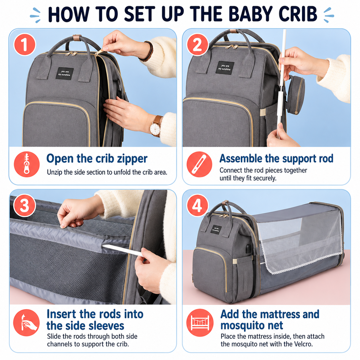 3-in-1 Diaper Bag Backpack with Foldable Baby Crib