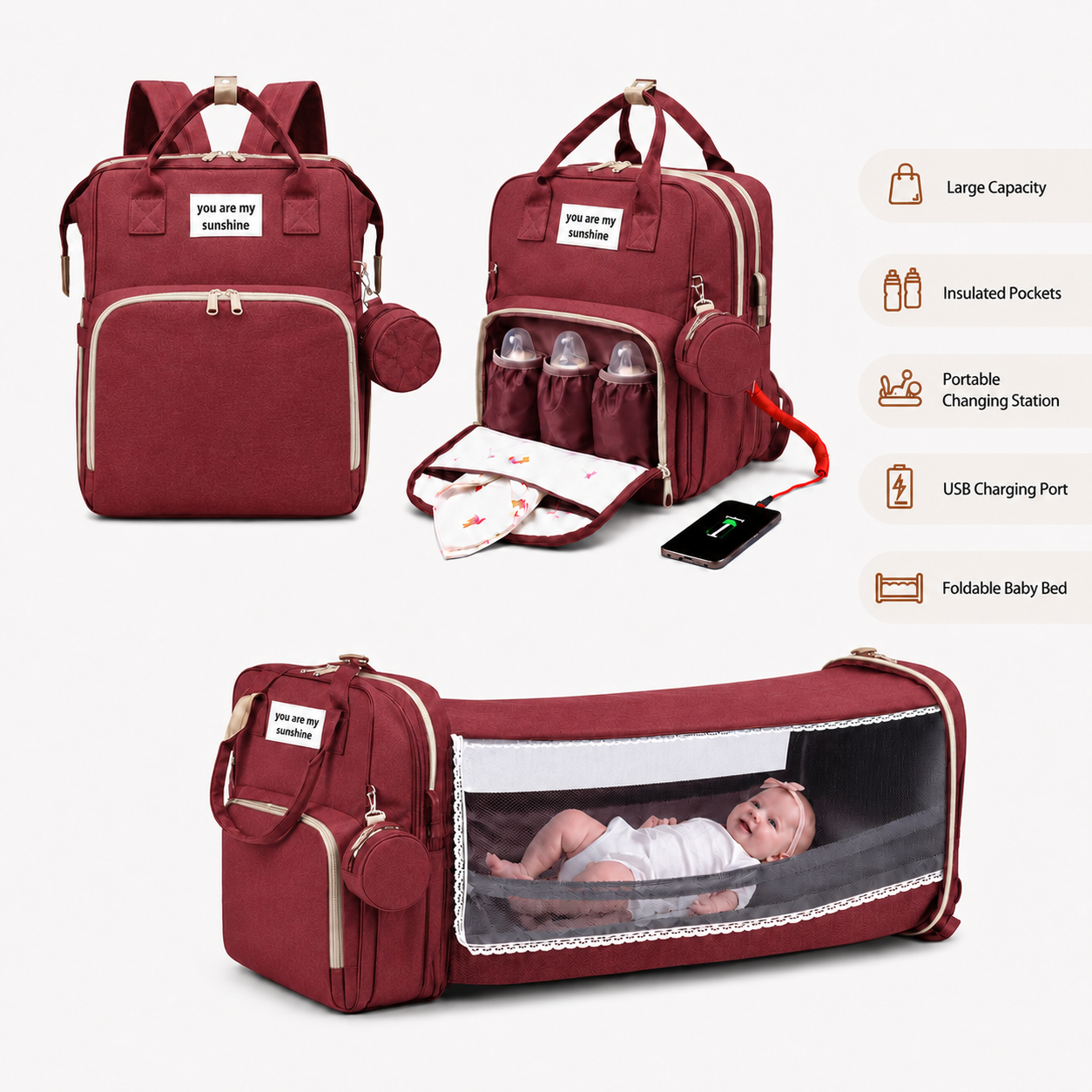 3-in-1 Diaper Bag Backpack with Foldable Baby Crib