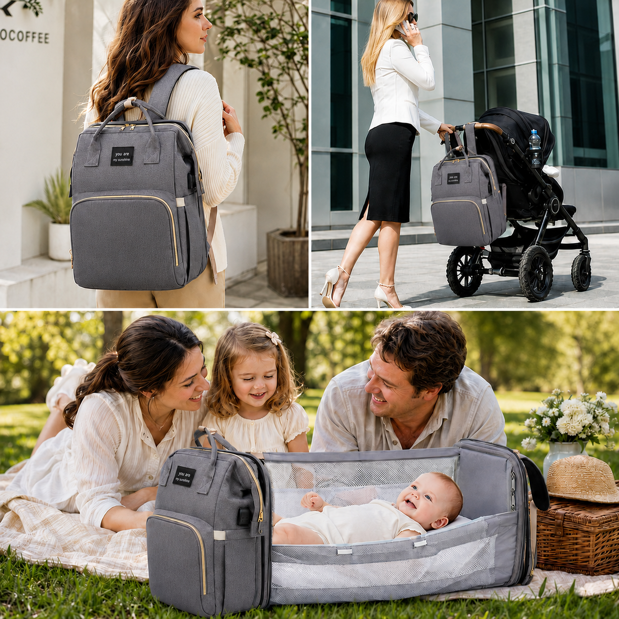 3-in-1 Diaper Bag Backpack with Foldable Baby Crib