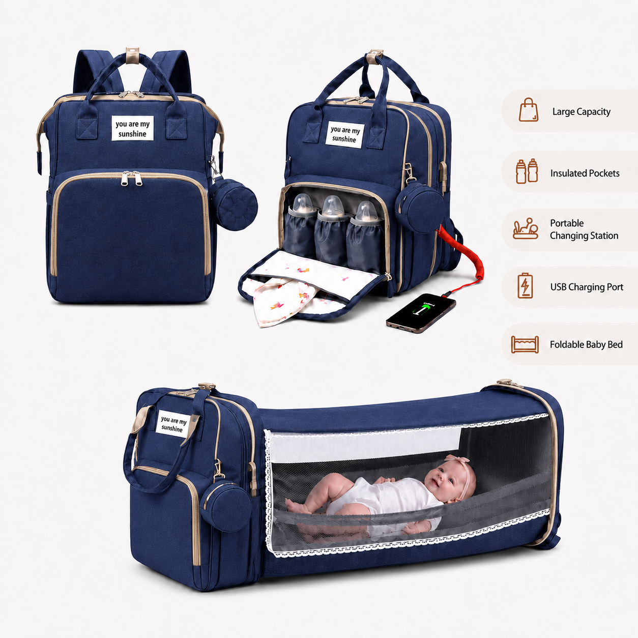 3-in-1 Diaper Bag Backpack with Foldable Baby Crib