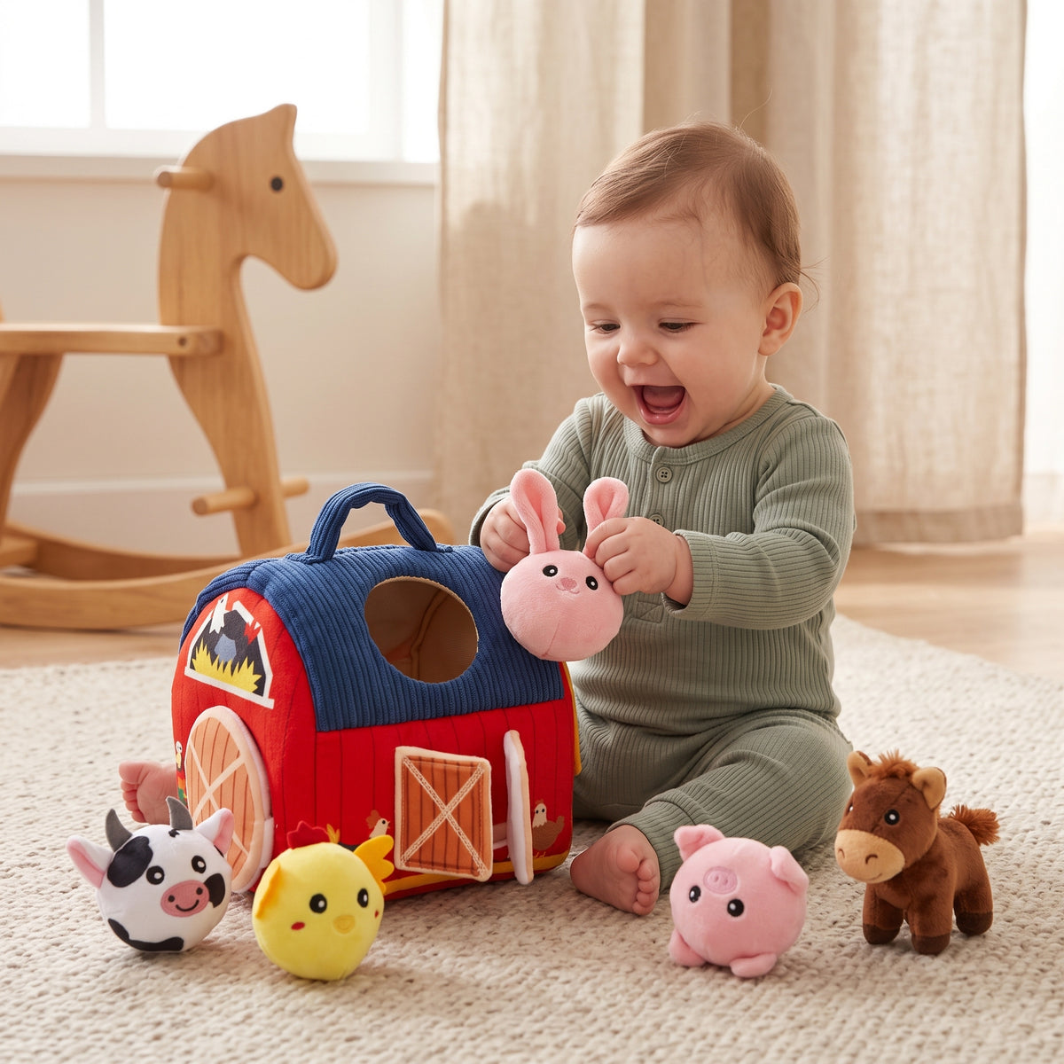 Baby pulling a bunny from the Momi Toys Soft Plush Farm Set