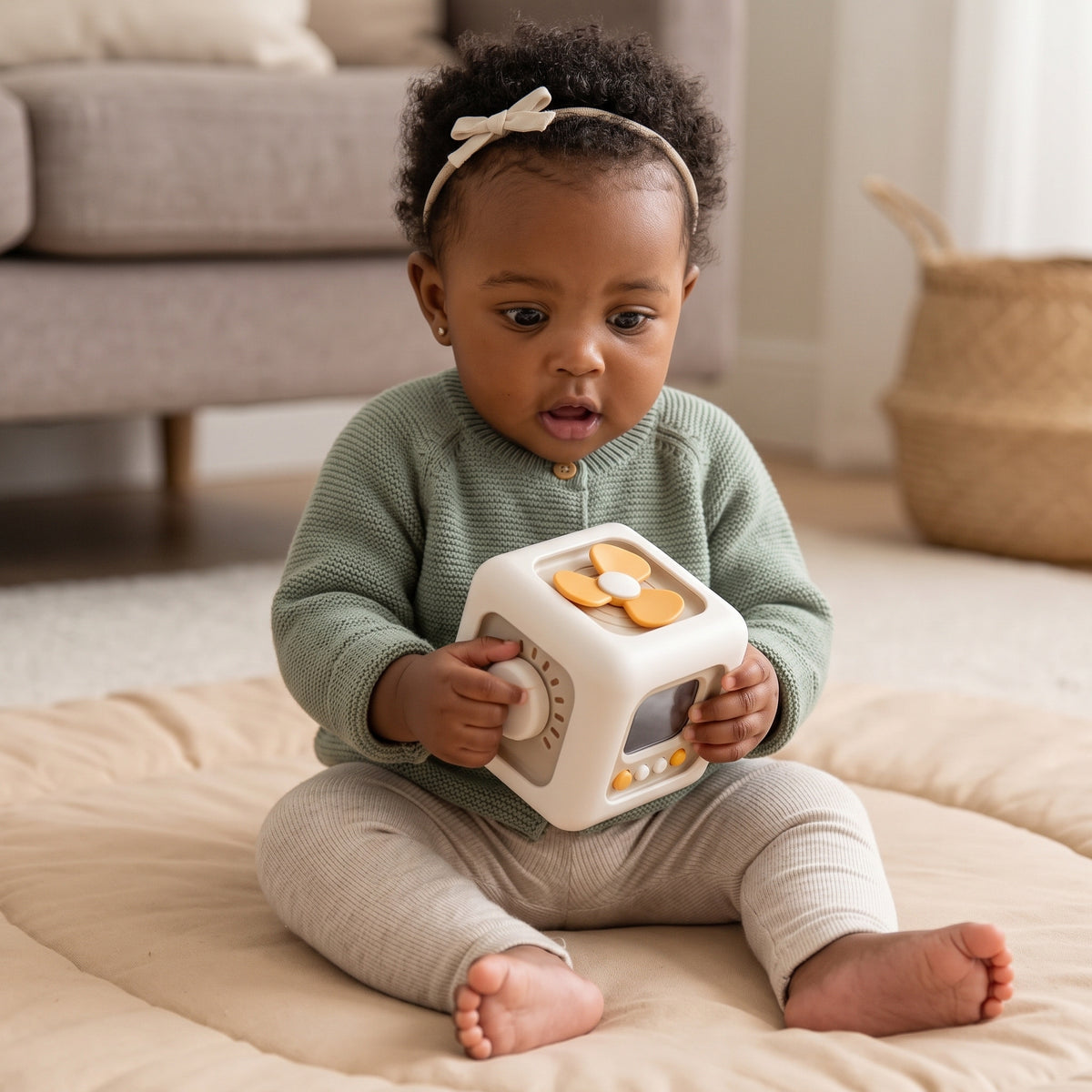 Baby twisting the knob on the Momi Toys 6-in-1 Activity Cube