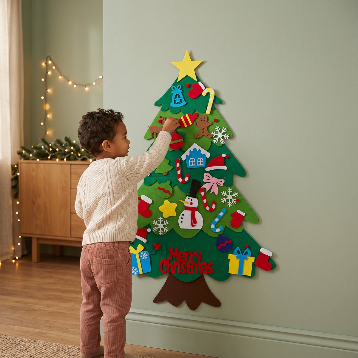 Toddler decorating the Momi Toys Felt Christmas Tree