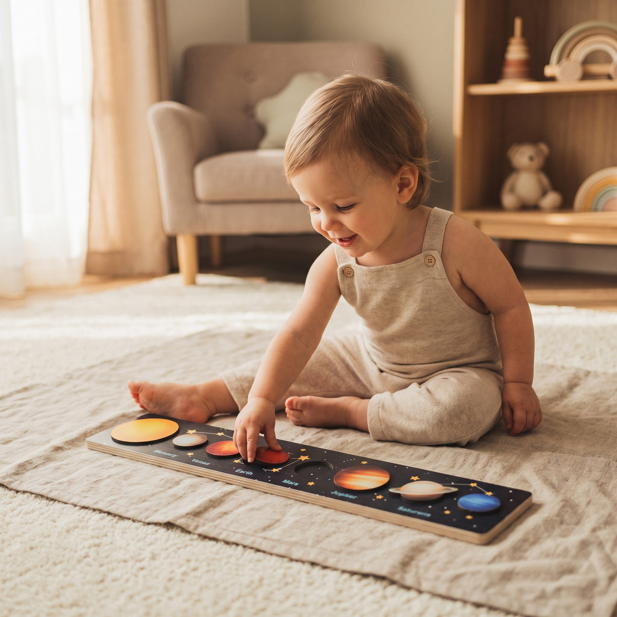 Toddler playing with Momi Toys Wooden Solar System Puzzle on a play mat