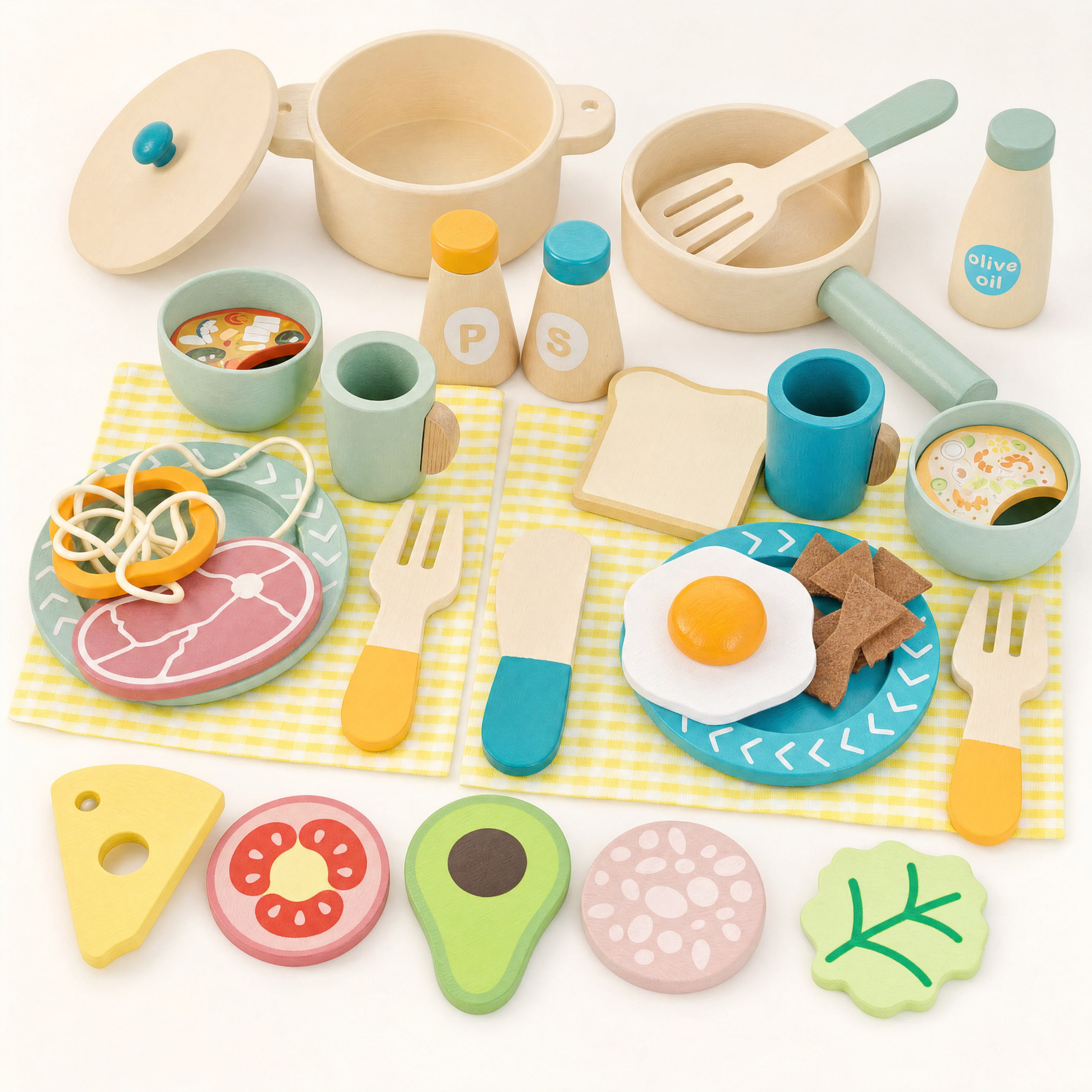 Wooden Play Kitchen Set — Pretend Cookware, Pots, Pans & Play Food for Toddlers