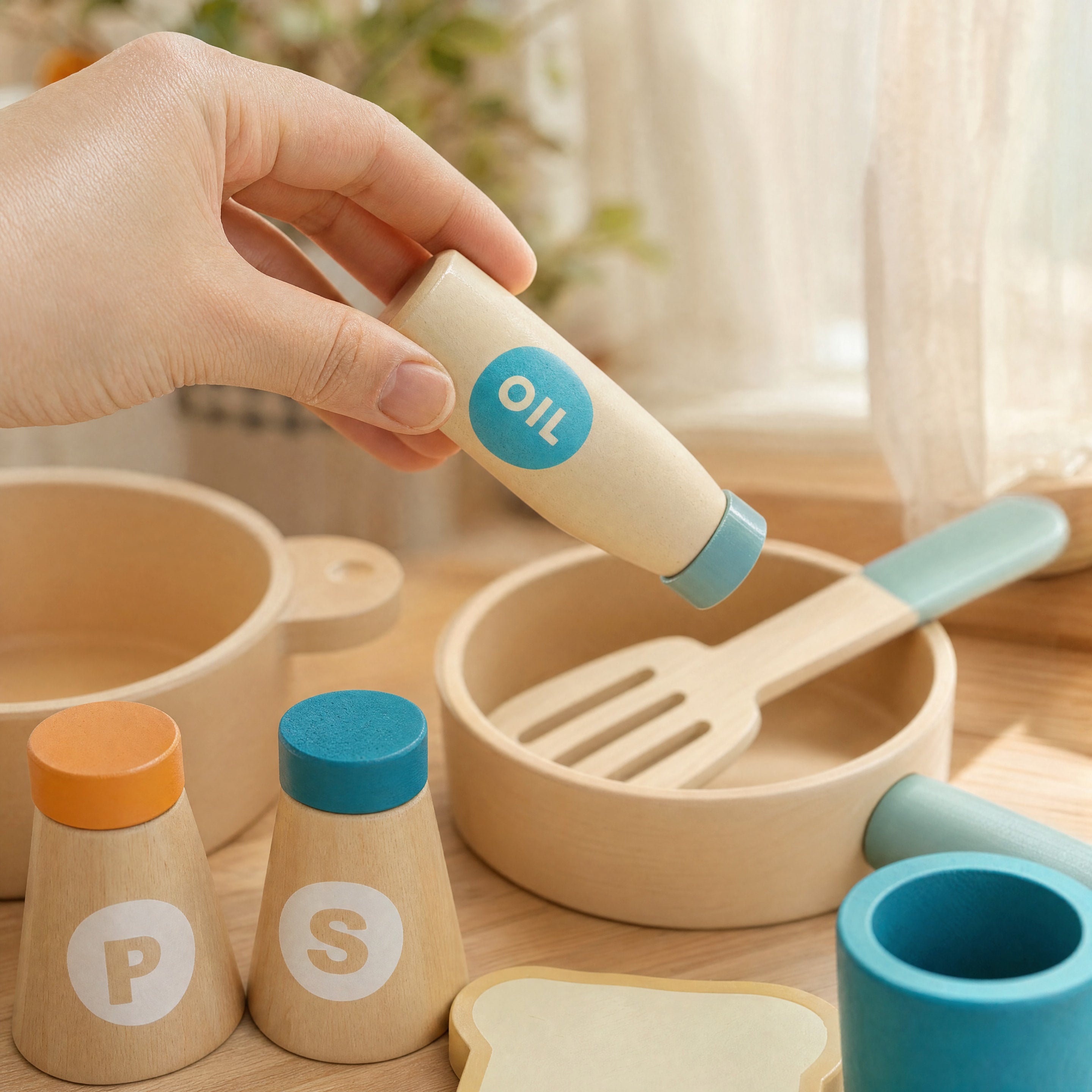 Wooden Play Kitchen Set — Pretend Cookware, Pots, Pans & Play Food for Toddlers