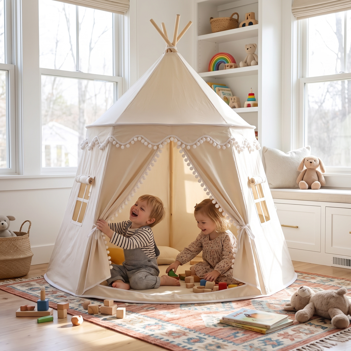 Two children playing inside sturdy canvas teepee play tent