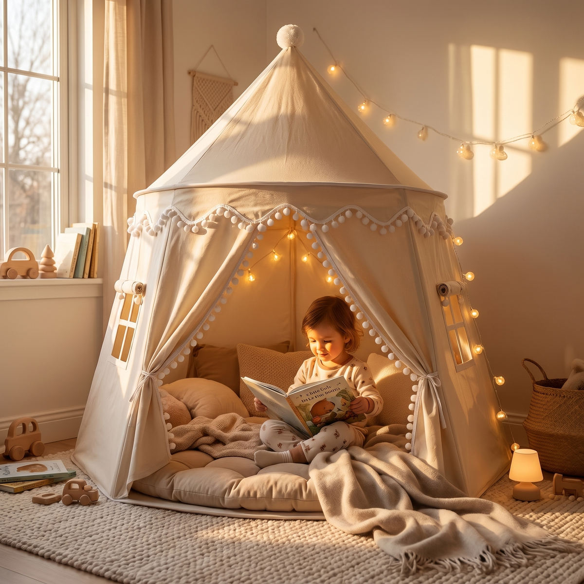 Child reading in canvas teepee reading nook at dusk