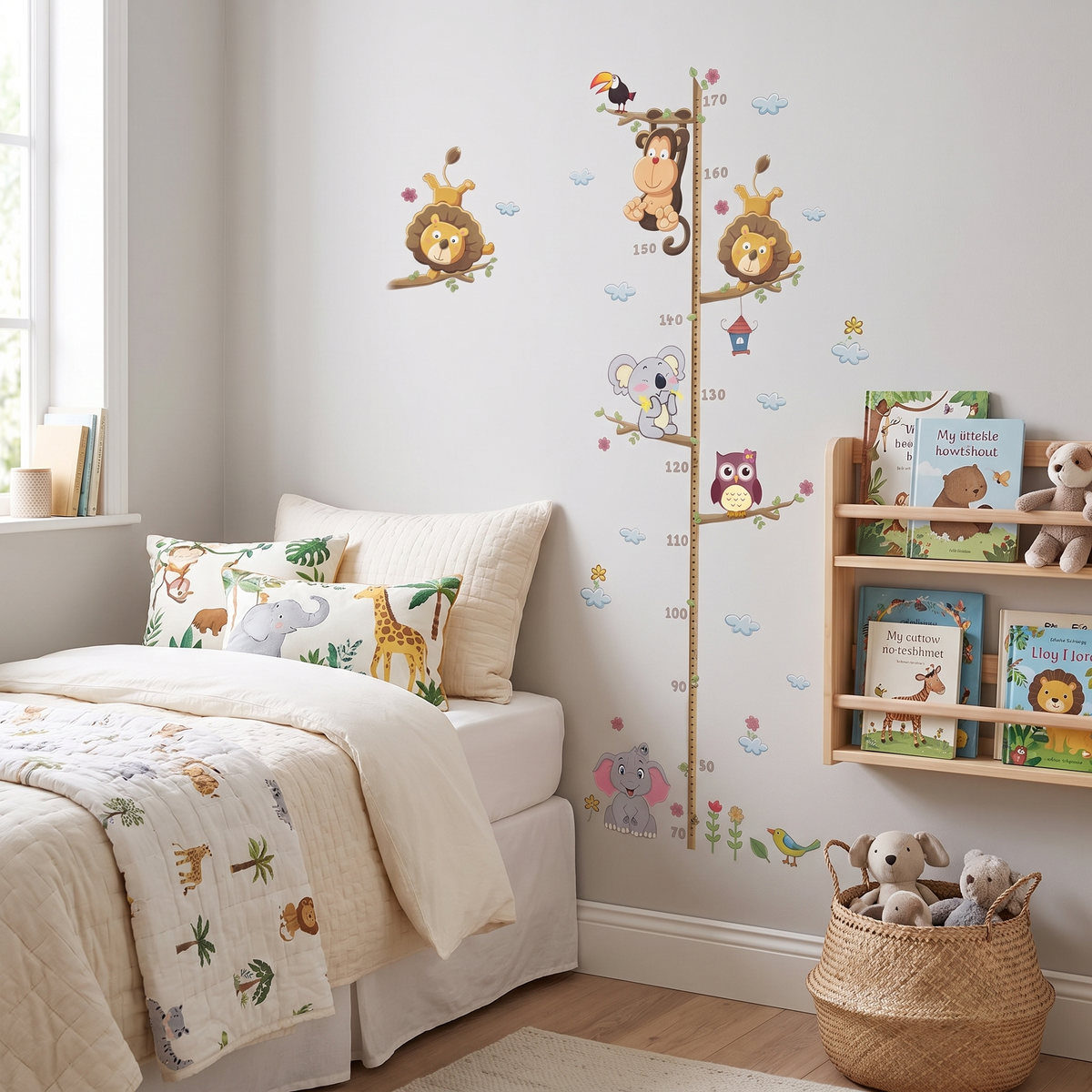 Jungle monkey height chart as wall art in a kids bedroom